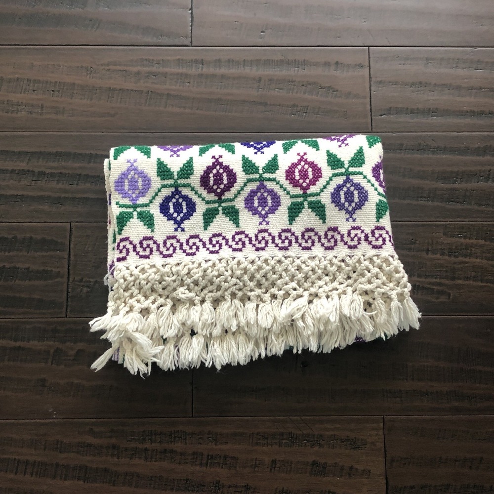 Vintage Hand Knit Floral Lap Blanket Table Runner Fringe Edge MCM 75" x 28" - Picture 1 of 8